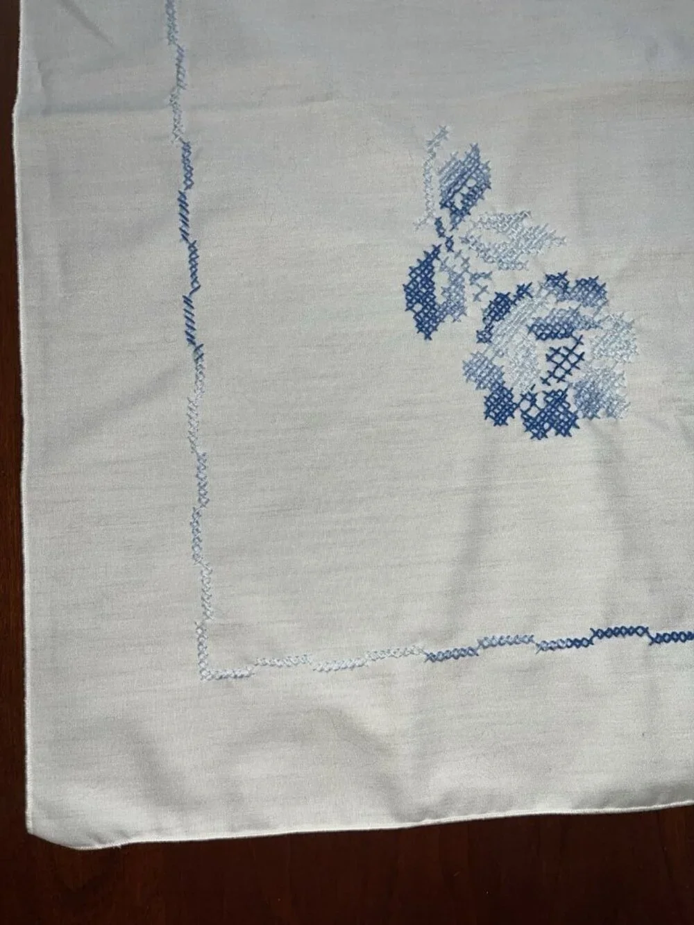 Vtg Cross Stitch White Blue Flowers Tablecloth 50” x 52 